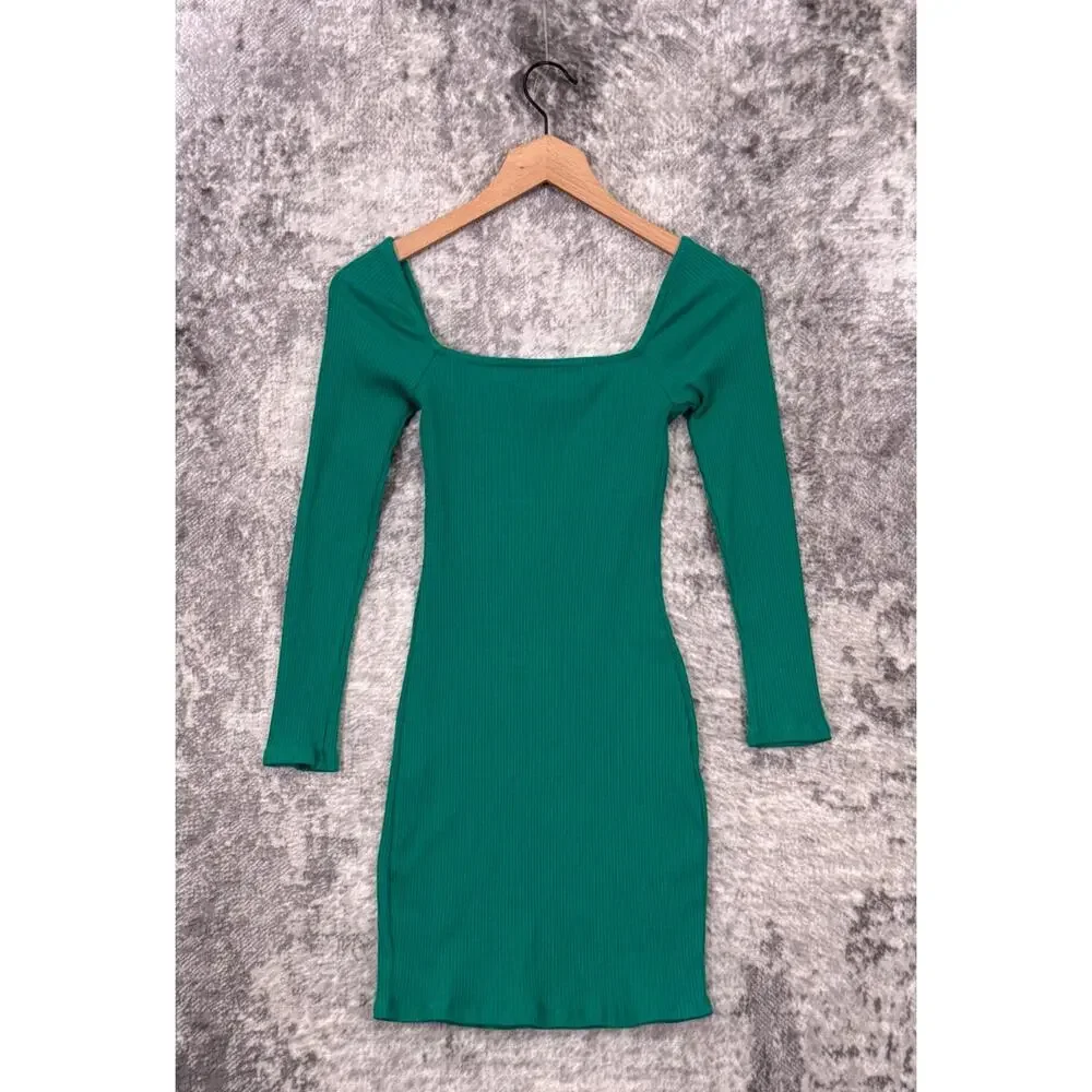 New Free People Dress XS Womens Green Ribbed Square Neck Long Sleeve Mini
